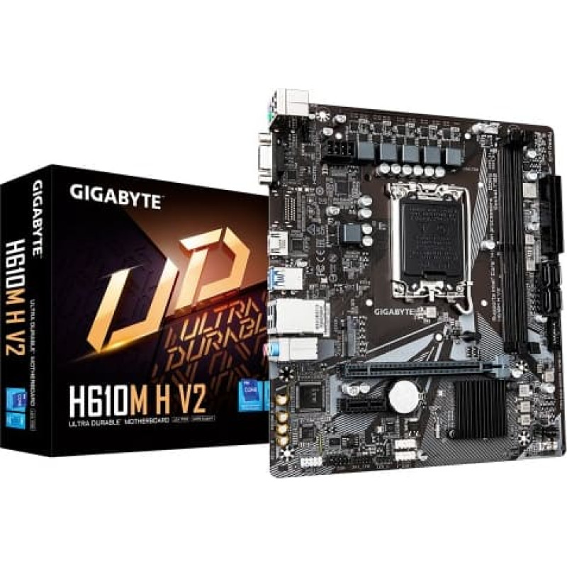Gigabyte H610M H V2 Motherboard - Supports Intel Core 14th CPUs, 4+1+1 Hybrid Digital VRM, up to 5600MHz DDR5, 1xPCIe 3.0 M.2, GbE LAN, USB 3.2 Gen 1