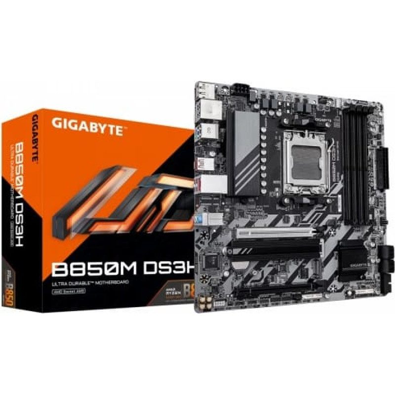 Gigabyte B850M DS3H Motherboard - AMD Ryzen 9000 Series CPUs, 16+2+2 Phases Digital VRM, up to 8200MHz DDR5 (OC), 1xPCIe 5.0 + 1xPCIe 4.0 M.2, 2.5 LAN, USB 3.2 Gen 2