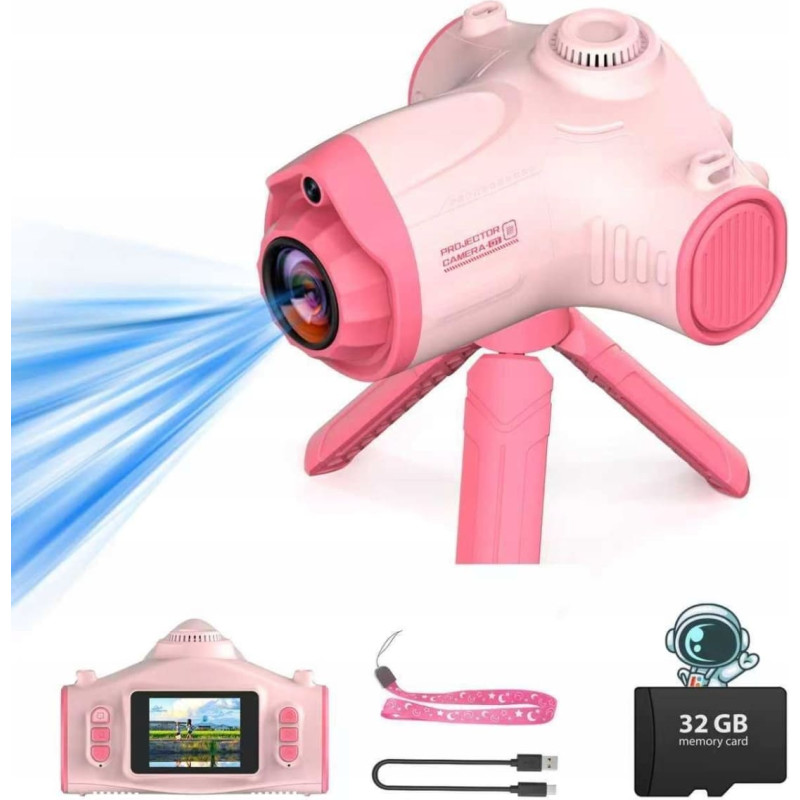 Xrec Projektor Rzutnik Aparat Kamera 3w1 Dla Dzieci 48mp 1080p Karta 32gb Statyw / Ha92 R&oacute;żowy