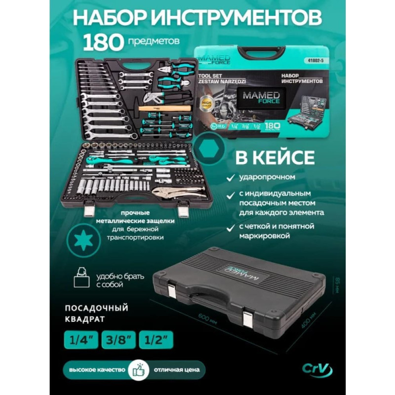 Noname Zestaw narzędzi 1/4'', 3/8'' i 1/2'' 180el. (6-kątnych) (4-32mm)